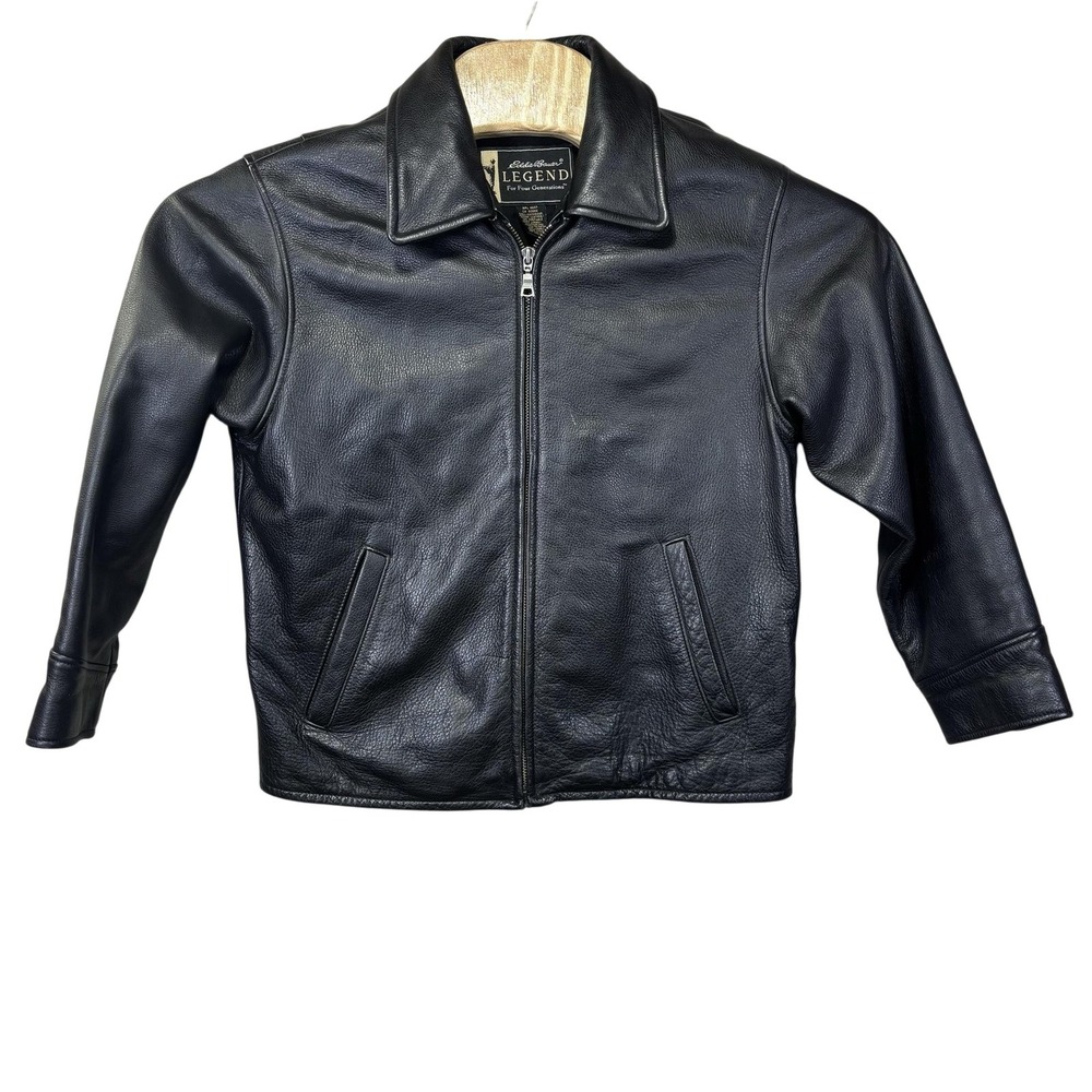 Eddie Bauer Legend Black Leather Jacket Womens Petite XS Full Zip Buckle Waist